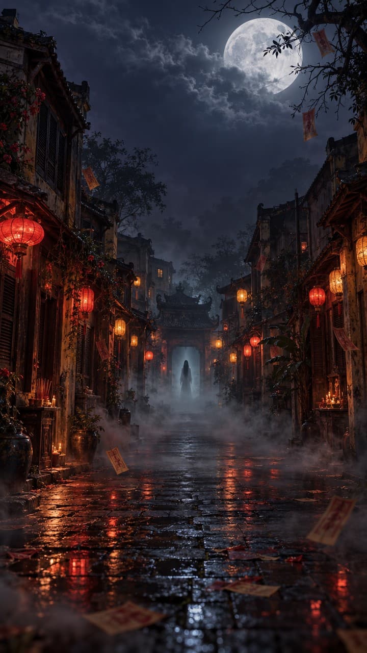 An old street under a full moon, red lanterns on both sides, a long-haired ghost standing in the mist